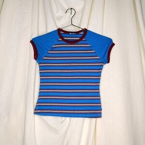 Vintage Y2K Baby Tee Shirt Blue Asphalt Blue and Maroon Striped Sz XS Cute